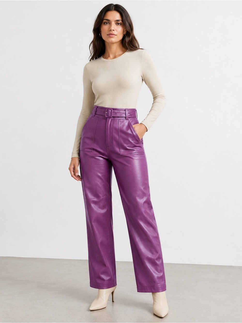 New York & Company Faux Leather Pants Purple High Rise Belted Straight Leg Sz 10
